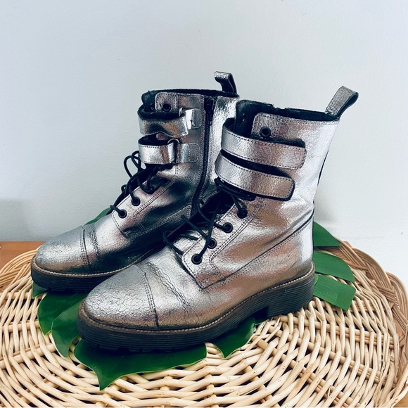 Shellys London Shoes - Shellys London Tyra Silver Metallic Crinkled leather Combat Boots Buckle Size 36